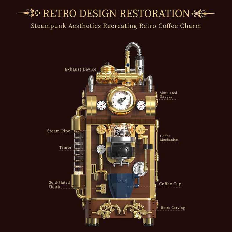 Creative Retro Steam Coffee Machine Building Blocks Classic Punk Espresso Machine With Light MOC Bricks Home Decoration Toy Gift