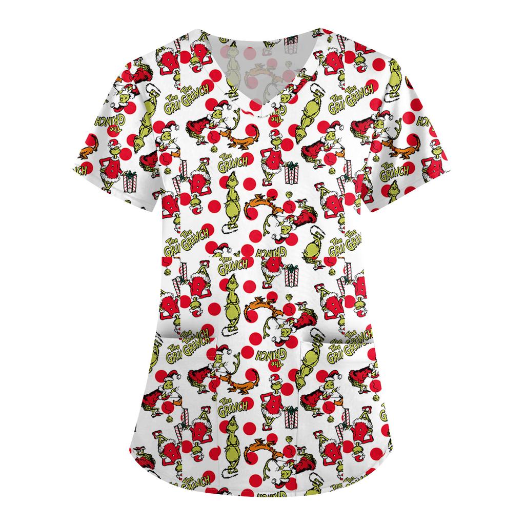 Tops de Uniforme de Trabalho Estampados Plus Size para Mulheres com Decote V Cruzado, Estampa de Manga Curta Divertida, Camiseta de Trabalho com Bolsos