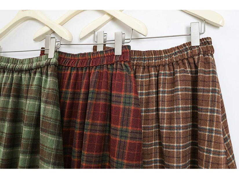 Women's Retro Plaid Wool Blend Midi Skirt - High Waist A-line with Double Pockets for Autumn/Winter