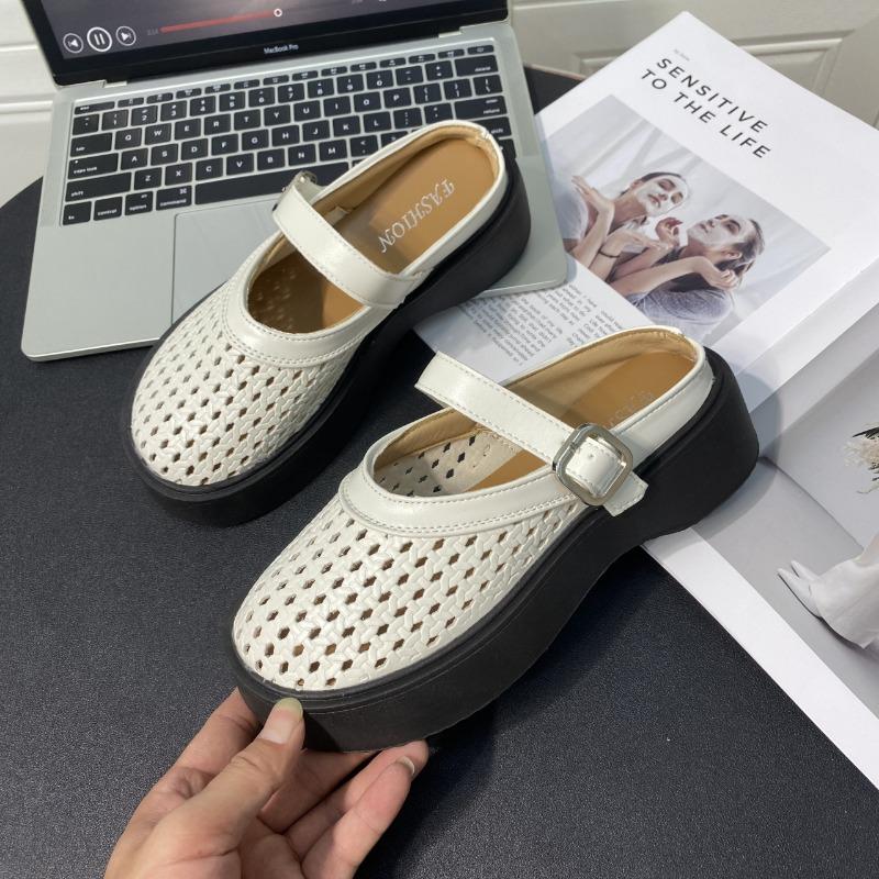 Going Out High-end Thick-soled Woven Hollow and Breathable Bag Head Half Slippers Women's New Summer One-pedal Sandals
