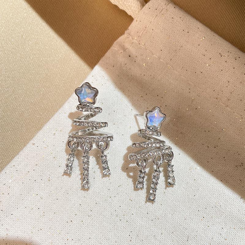 

Exquisite Christmas Star Tassel Diamond Sterling Silver Earrings срібний