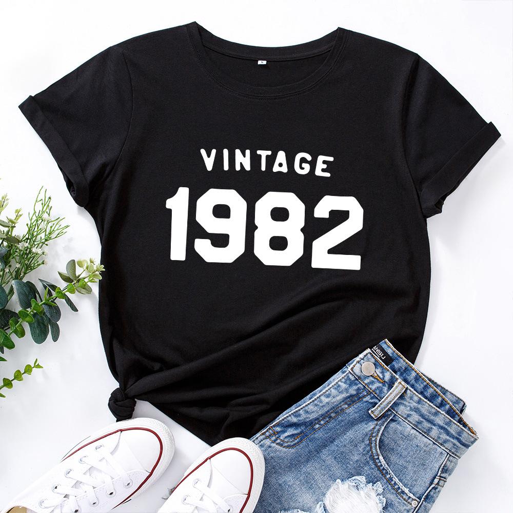 Retro1982 Printed Cotton Loose Round Neck Short Sleeved Women's  T-shirts