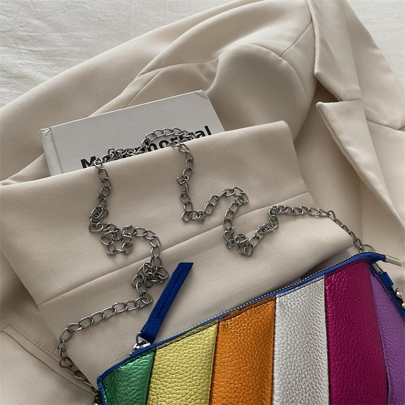 Autumn and winter exquisite texture small bag women's 2025 new splicing contrasting color rainbow shoulder messenger chain envelope bag