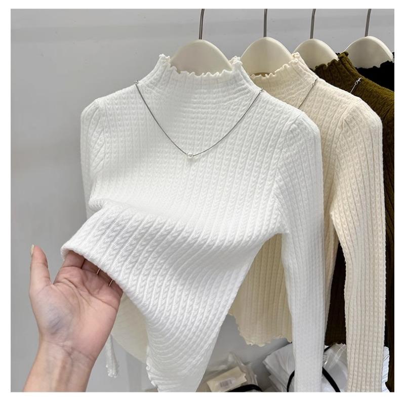 Autumn Winter Semi Turtleneck Knitted Pullover Women Sweater Casual Simple Bottoming Shirt Office Basic Pleated Solid Color Tops New Woman Clothing