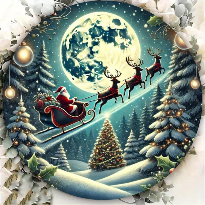 Vintage Santa Sleigh Iron Wall Art Round Metal Decor Panel