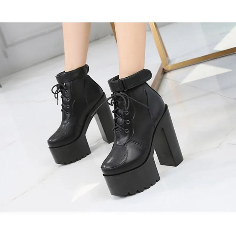 14CM Russian Hot Sales Women Shoes Thick Platform High Heel Female Ankle Boots Round Toe Lace Up Zipper Motorcycle Boots