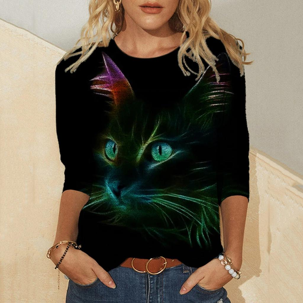 Women Casual Long Sleeve Cat printing  Shirt Blouse Top