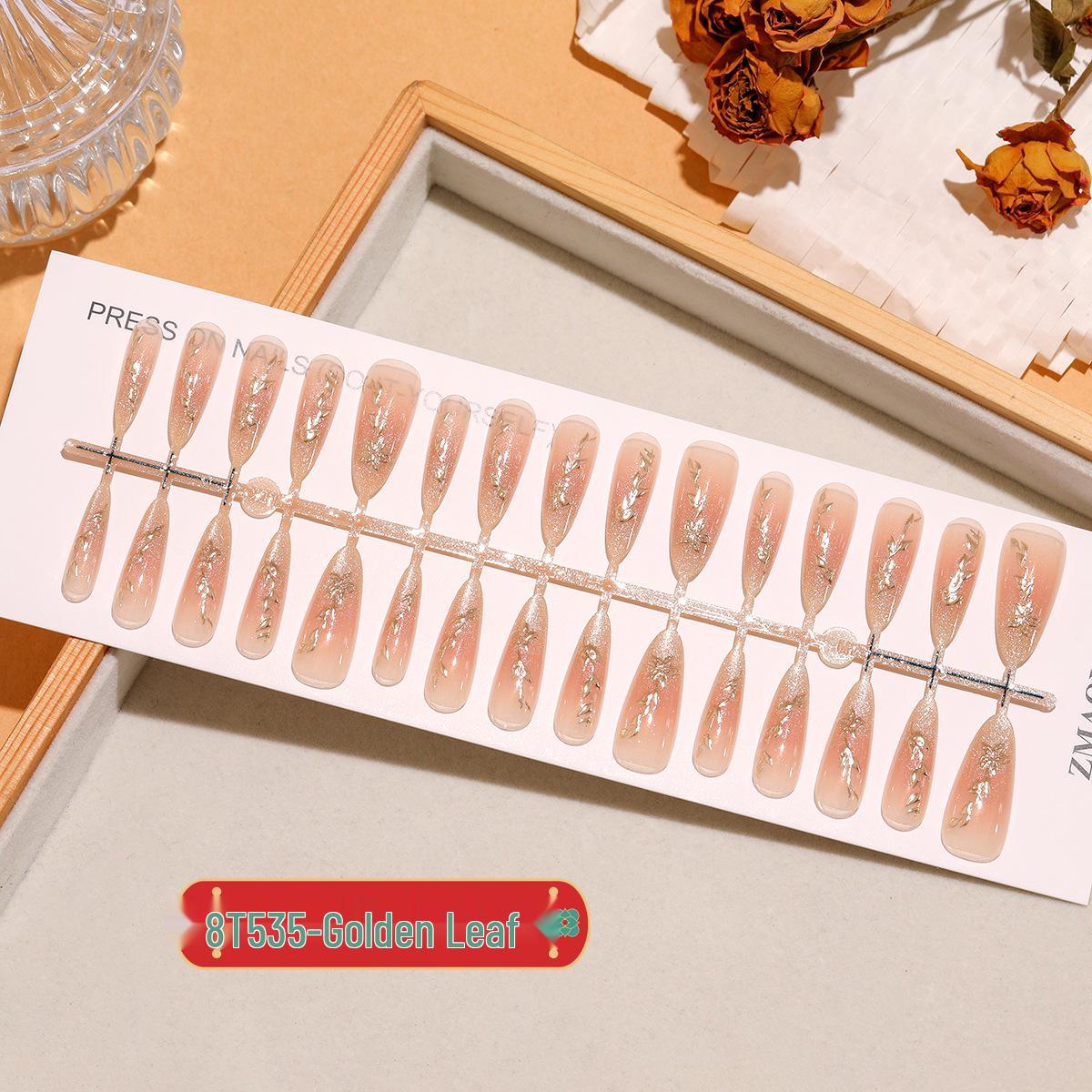 

Gilded Leaves Almond Ombre Cat Eye Luxury Nail Patches - 30 Pcs Full Strip M/M/M