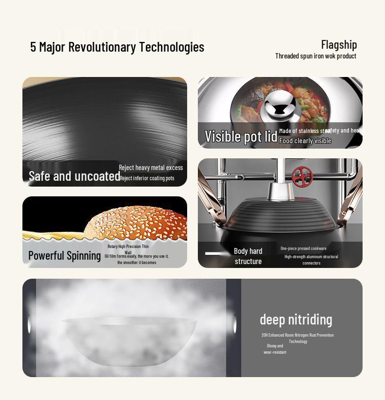 Traditioneller Eisen-Wok mit flachem Boden für Induktions- und Gasherde - Unbeschichtet, Antihaft-Bratgeschirr