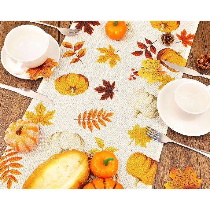 YATOJUZI Maple Leaf Pumpkin Table Runner - Fall Autumn Table Runners Home Kitchen Dining Table Decorations Decor for Thanksgiving Day Party - 13x72