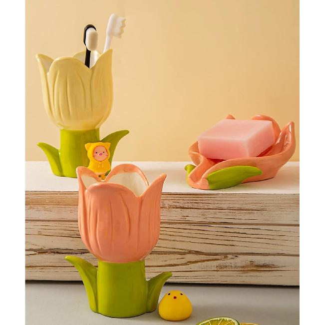 WAIT FLY Flower Shape Toothbrush Holder, Bathroom Decor-Pink-Tulip Toothbrush Holder