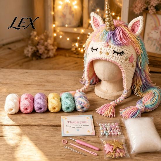 Family Craft Night Activities Animal Hat Crochet Kit, Fantasy Hood DIY Cute Ergonomic Tool Set Unicorn Fox Frog Earflap Crafting Kit for Adults Teens