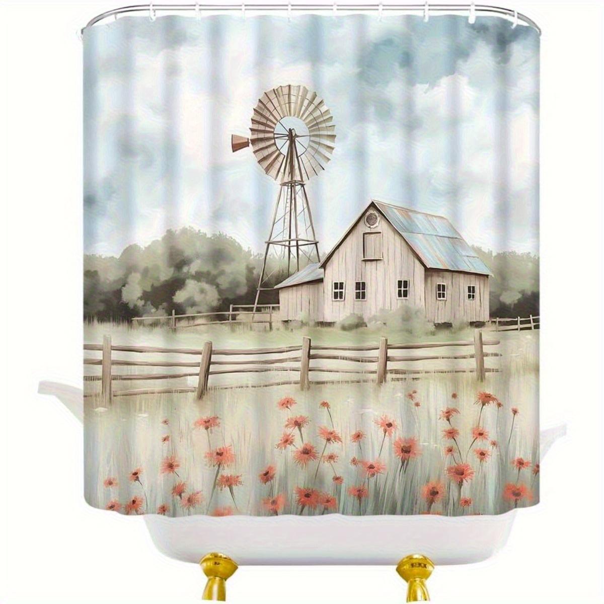 

Country Windmill Water Mill Curtain- Farmhouse Green Retro Western Pastoral Watercolor Floral Pattern, Durable Polyester Fabric, 90x180cm35x71in