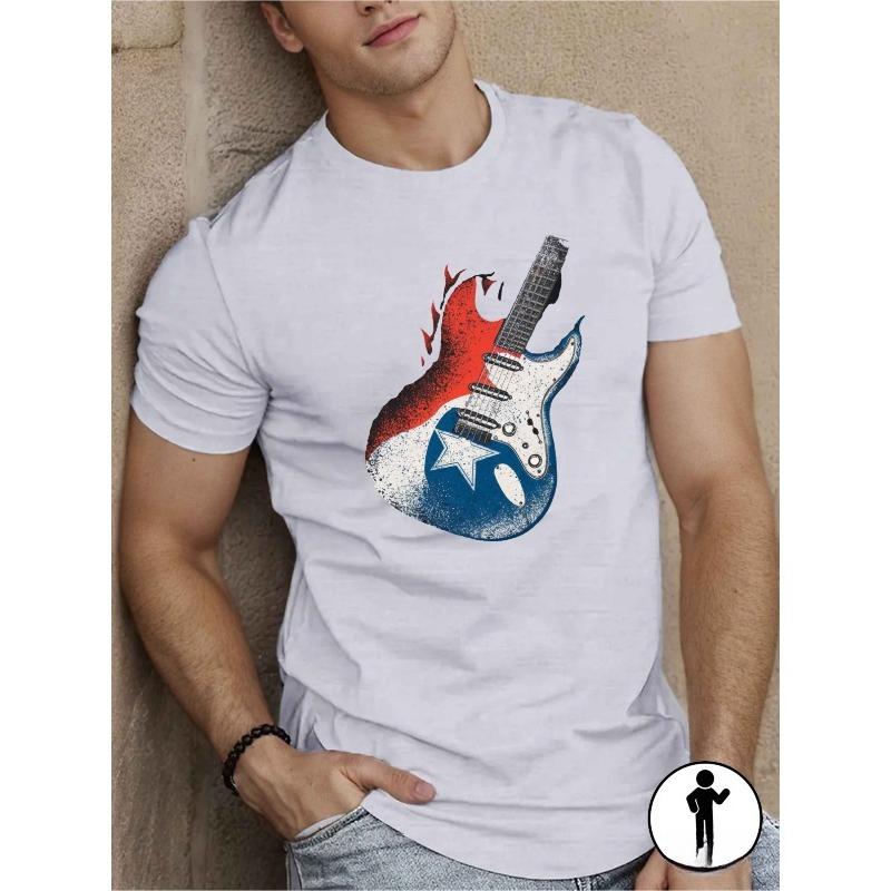 European Size Men'S Stylish Guitar Graphic Tee | Casual Short Sleeve T-Shirt, Breathable, Machine Washable - Perfect for Summer
