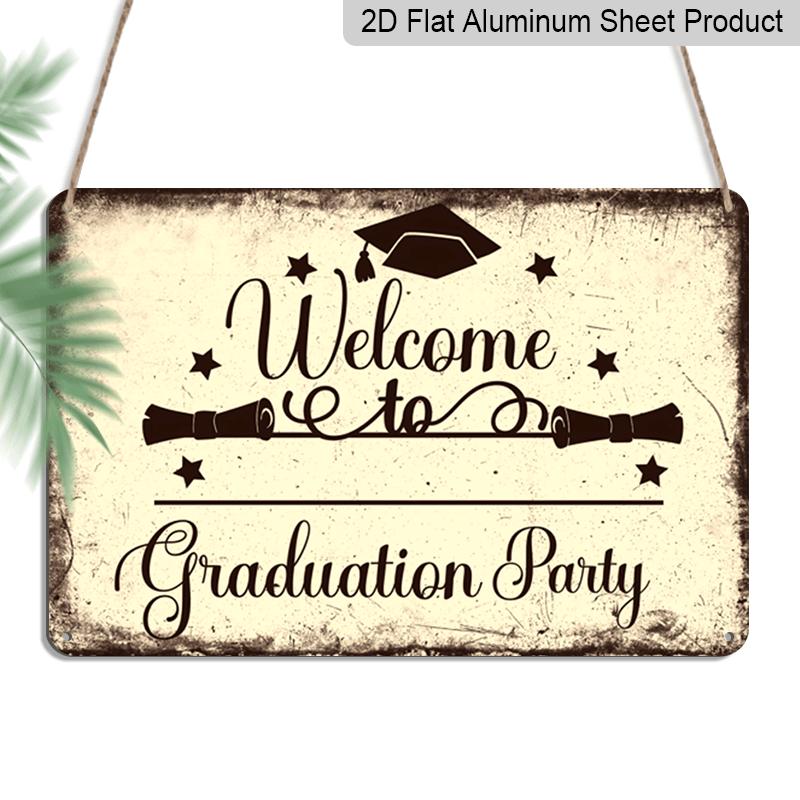 

2D Flat, 1pc Vintage Graduation Party Aluminium Sign 8x12 Inch - Welcome To Graduation Party Quote, Grad Cap & Diploma Design, Distressed Beige 20*30cm