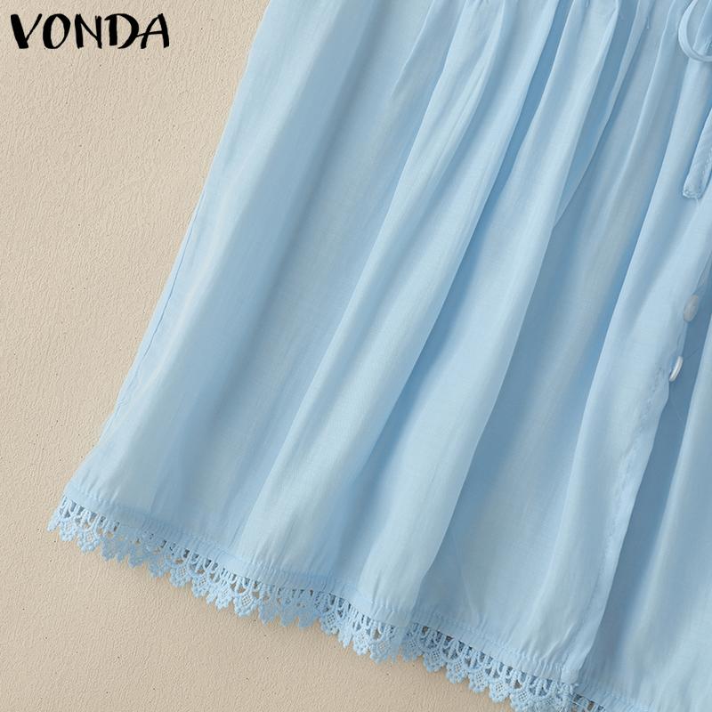 VONDA Women Summer V Neck Sleeveless Buttons Up Lace Crochet Hem Casual Tank Tops