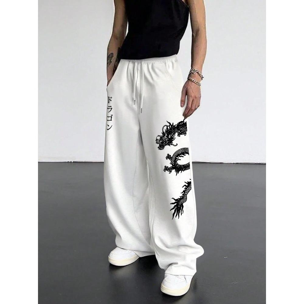 Men's Casual Pants with Trendy Dragon Pattern Letter Print Design, Daily Casual Wear, Cool Style, Versatile Wide Leg Pants