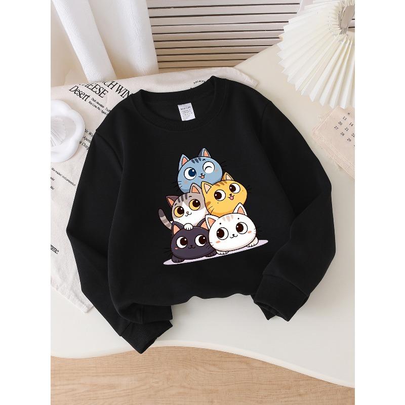 Kids Long‑Sleeve Crewneck Sweatshirt, Cute Cartoon Cat Group Print,Daily Casual Top for Spring & Autumn