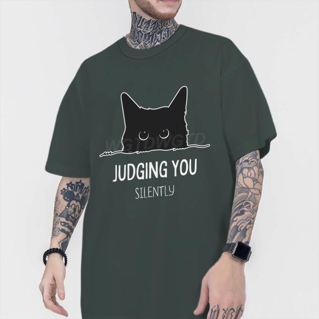 Judging You Silently Print T Shirt Men Women Sarcastic Humor Streetwear Short Sleeve Harajuku Cat Tee Male 100 Cotton Fun Shirt