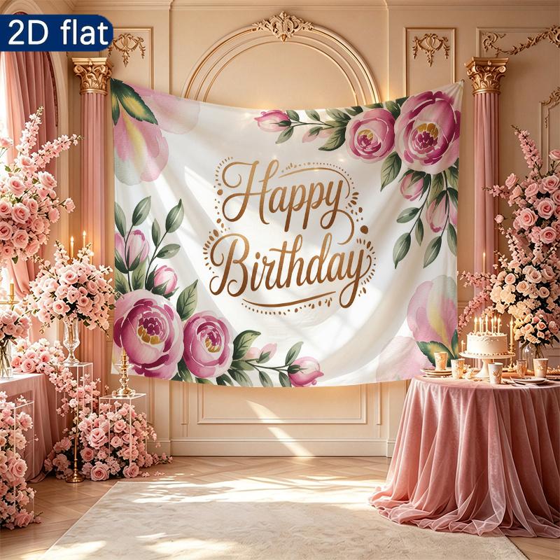 Floral Gifts Watercolor Themed Birthday Photo Backdrop, Polyester Banner for Home Room Wall Decor