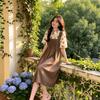 Gentle Wind Splicing Fake Two-piece Bubble Sleeves High-waisted Dress Women Cover Their Bellies and Show Thinness Polo Collar Mori First Love Skirt