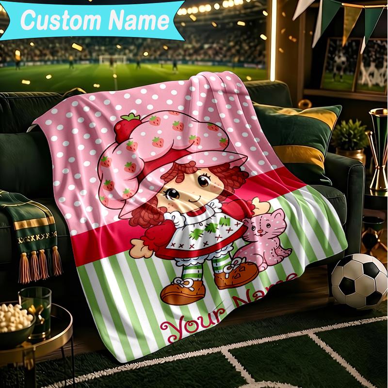 1PC Custom Name Blanket Straw-berry Friends Flannel blankets Patterns Throw Blanket All-Season Soft Gift for Couch, Bed, Camping, Birthday gifts