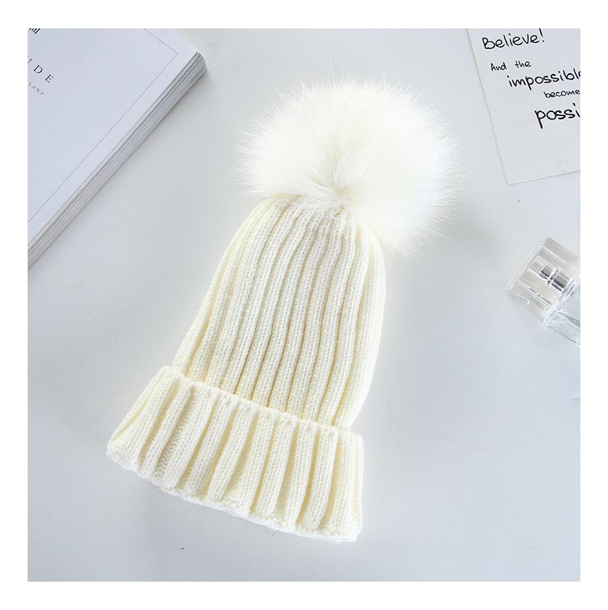 Korean Style Pom Pom Knit Beanie - Warm, Solid Color, Rolled Brim for Autumn & Winter