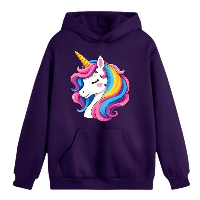 Jogging Enfant fille - Sweat à Capuche et Pantalon Bleu Marine - Motif Licorne Arc-en-ciel - Violet