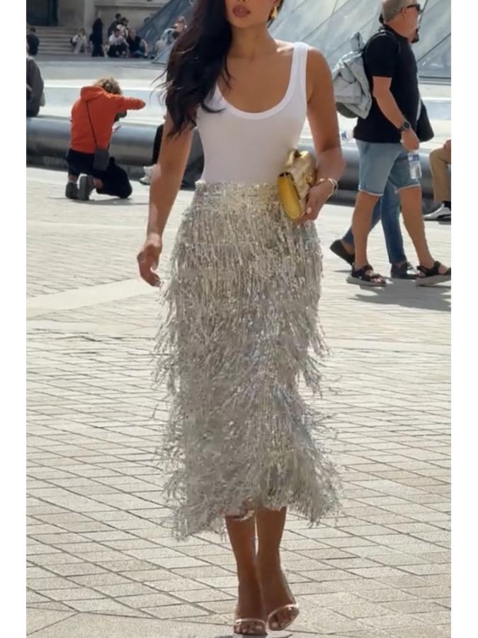 Women's Tassel Sequin Pencil Skirt with Slit - Solid Color, European & American Style