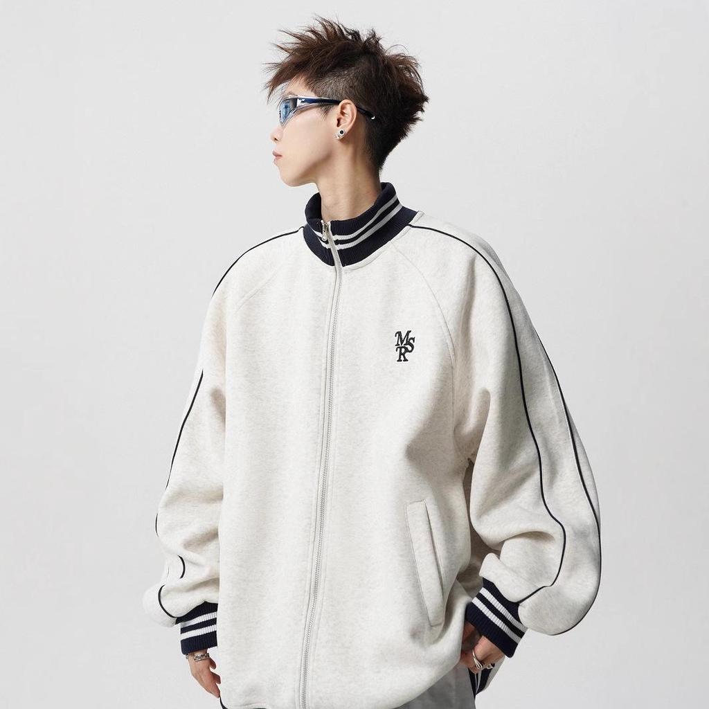 Pánská retro vysokoškolská pruhovaná baseballová bunda - Zimní fleecem podšitý vyšívaný svrchní oděv