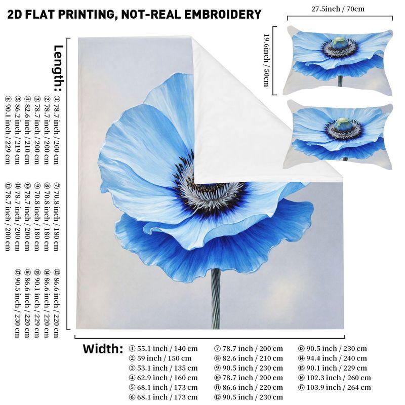 3-Piece Bedding Pillowcase Quilt Cover Set Blue Flower 2D Digital Printing Suitable For Bedroom Dormitory Decoration