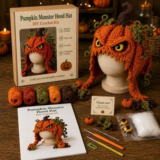 Crochet Starter Kit Fantasy Hood Kit, Cute Animal Hat DIY Dragon Unicorn Creative Gift for Crafters Skull Earflap Craft Adults, Handmade Halloween