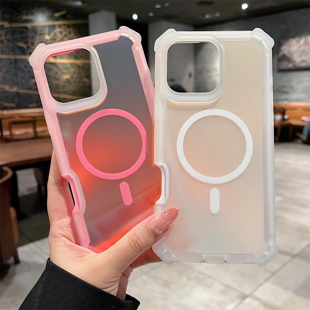 Luxury Magsafe Laser Dazzling Armor Phone Case For iPhone 16 Pro Max 15 Plus 14 13 Wireless Charging Dual Layer Protection Cover