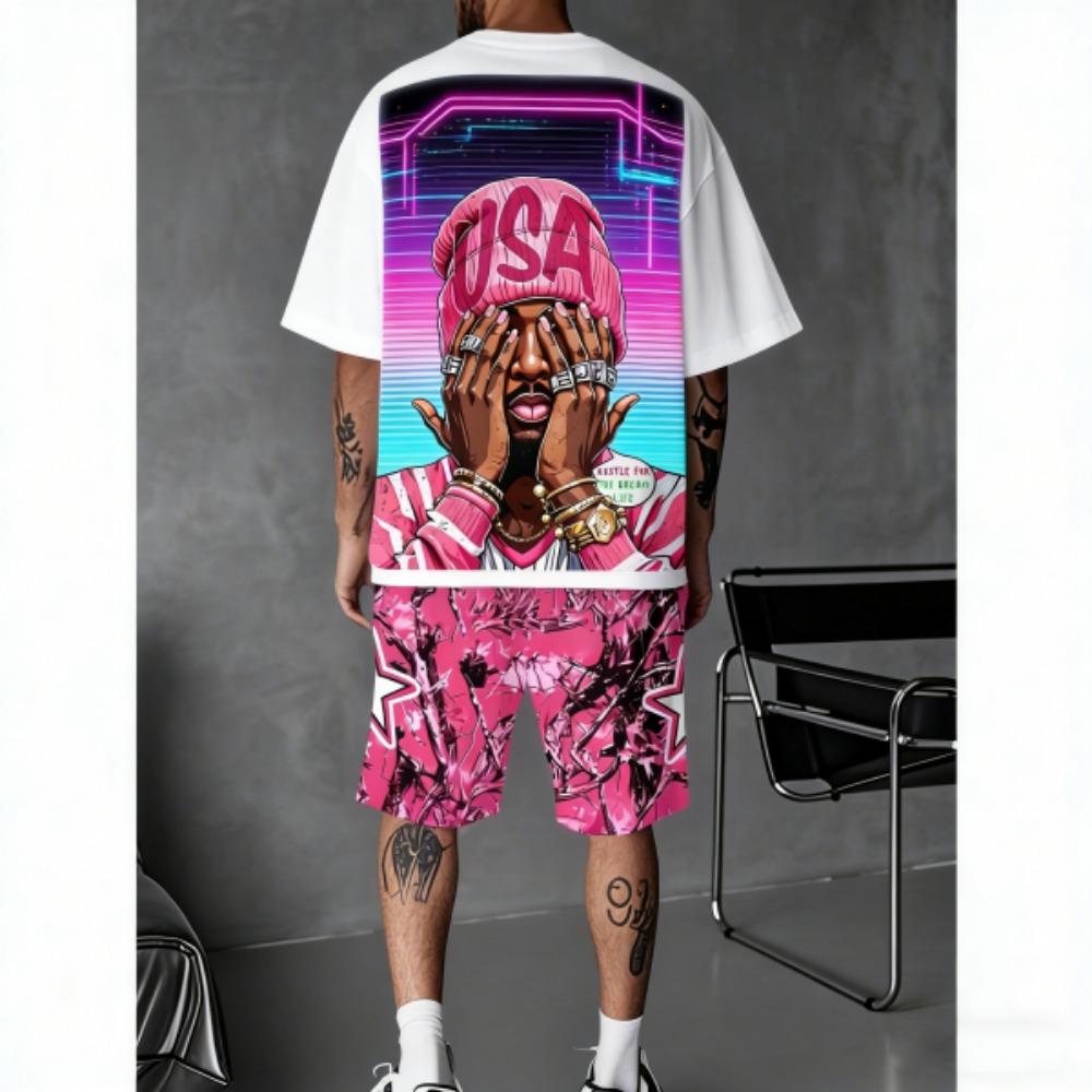 Men's Set Funny Anime Printed Men's T-shirt and Shorts 2 Piece Set Summer Casual Outdoor Men's and Women's Outfit Men's Clothing