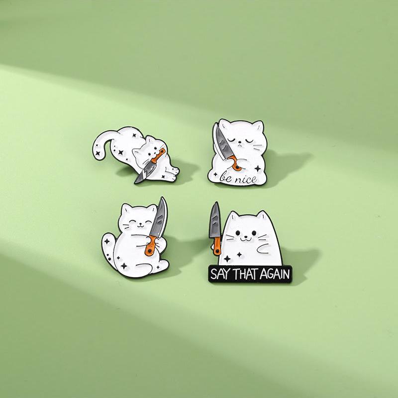 Cute Cartoon White Cat Small Knife Dagger Enamel Brooch Creative Animal Lapel Pin Badge Backpack Clothing Hat Accessories