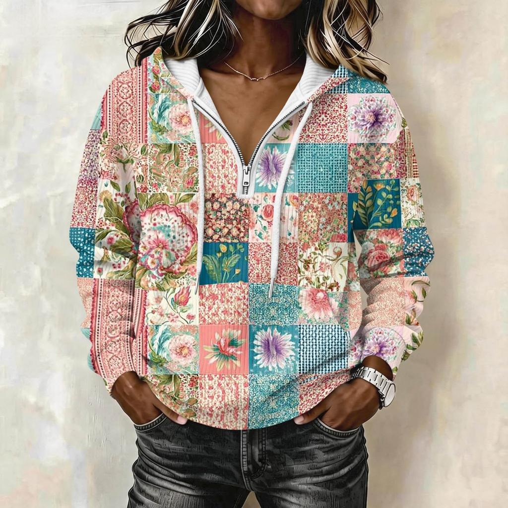 Women's Long Sleeve Color Block Print Pullover Hoodie with