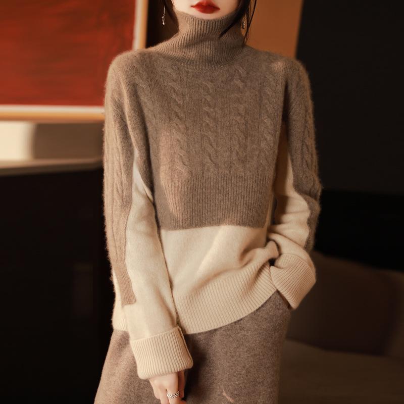 Color Matching Semi-Turtleneck Thick Knitted Sweater Twist Sweater Women'S Coat Loose New Fashion Temperament Bottoming Shirt Tide