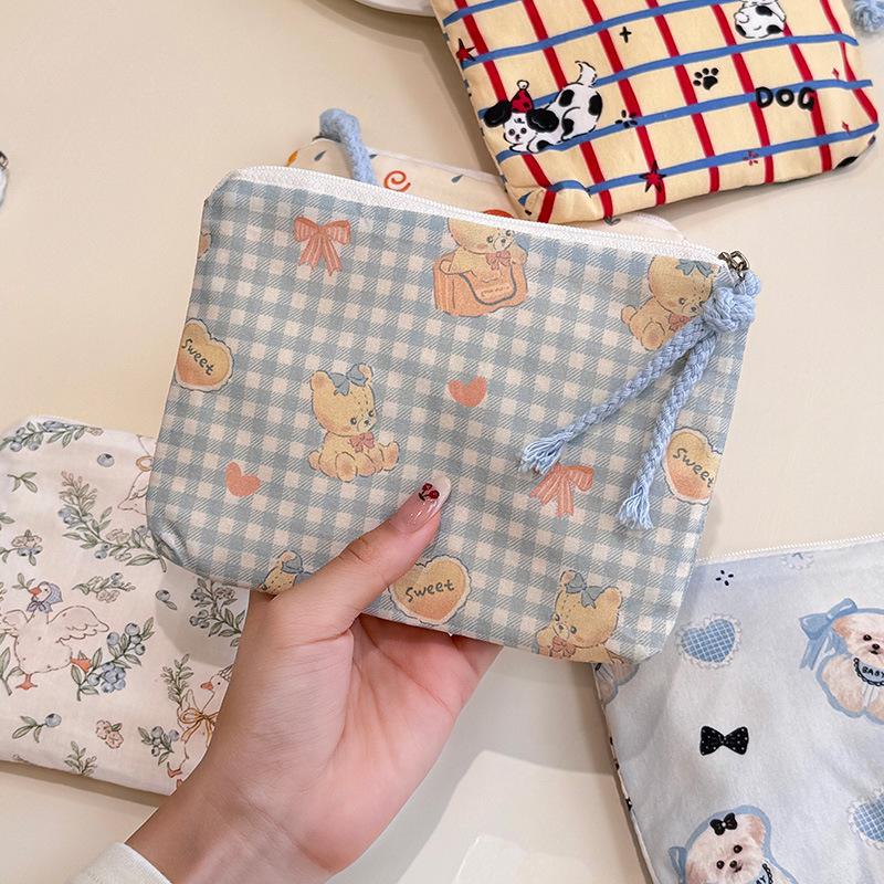 Adorable Blue Cartoon Makeup Bag: Mini Pure Cotton Coin and Earphone Pouch, Lipstick Carrier, Portable Storage.