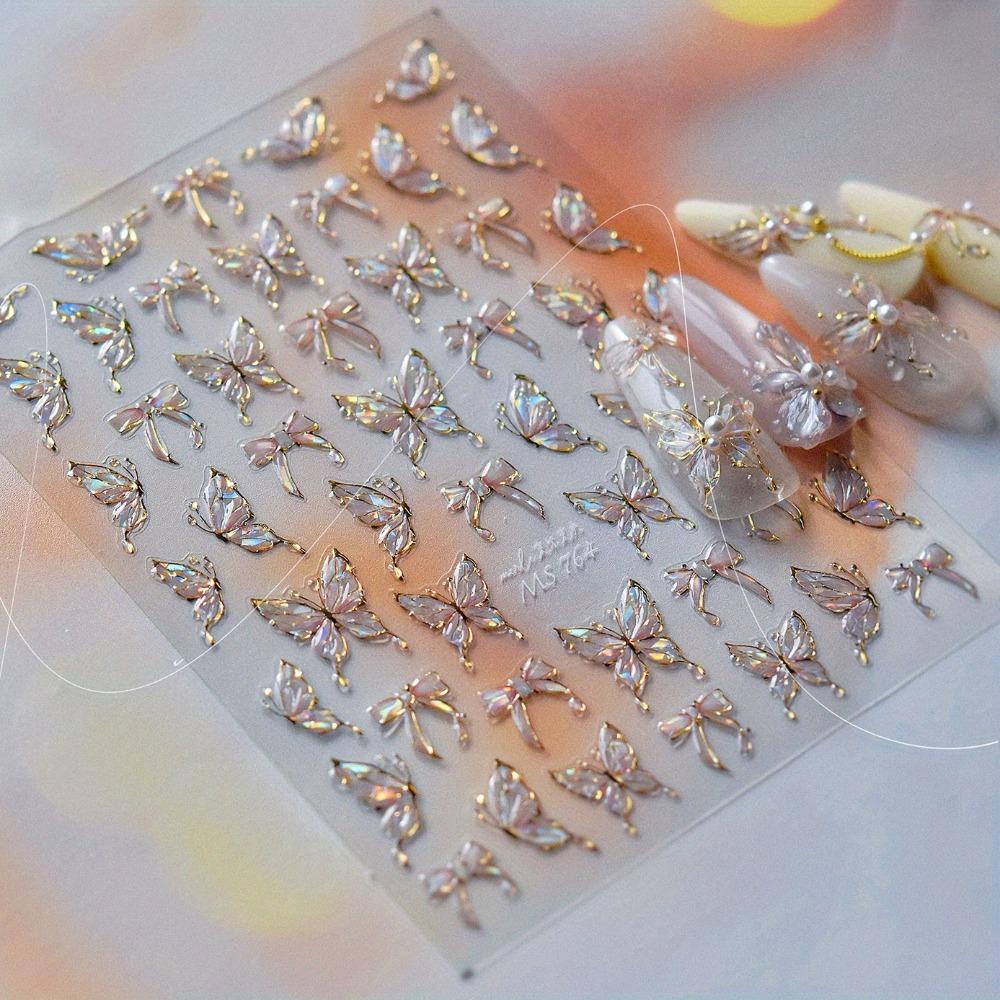 2pcs Exquisite Sparkling Butterfly Nail Art Stickers Thin Hard Plastic for Long-Lasting Manicure Iridescent DIY Decoration