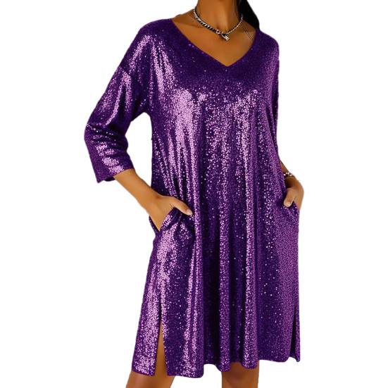 Women's Sequin Mini Dress Glitter 3/4 Sleeve V-Neck Dress Sparkly Cocktail Party Club Split Dress with Pockets