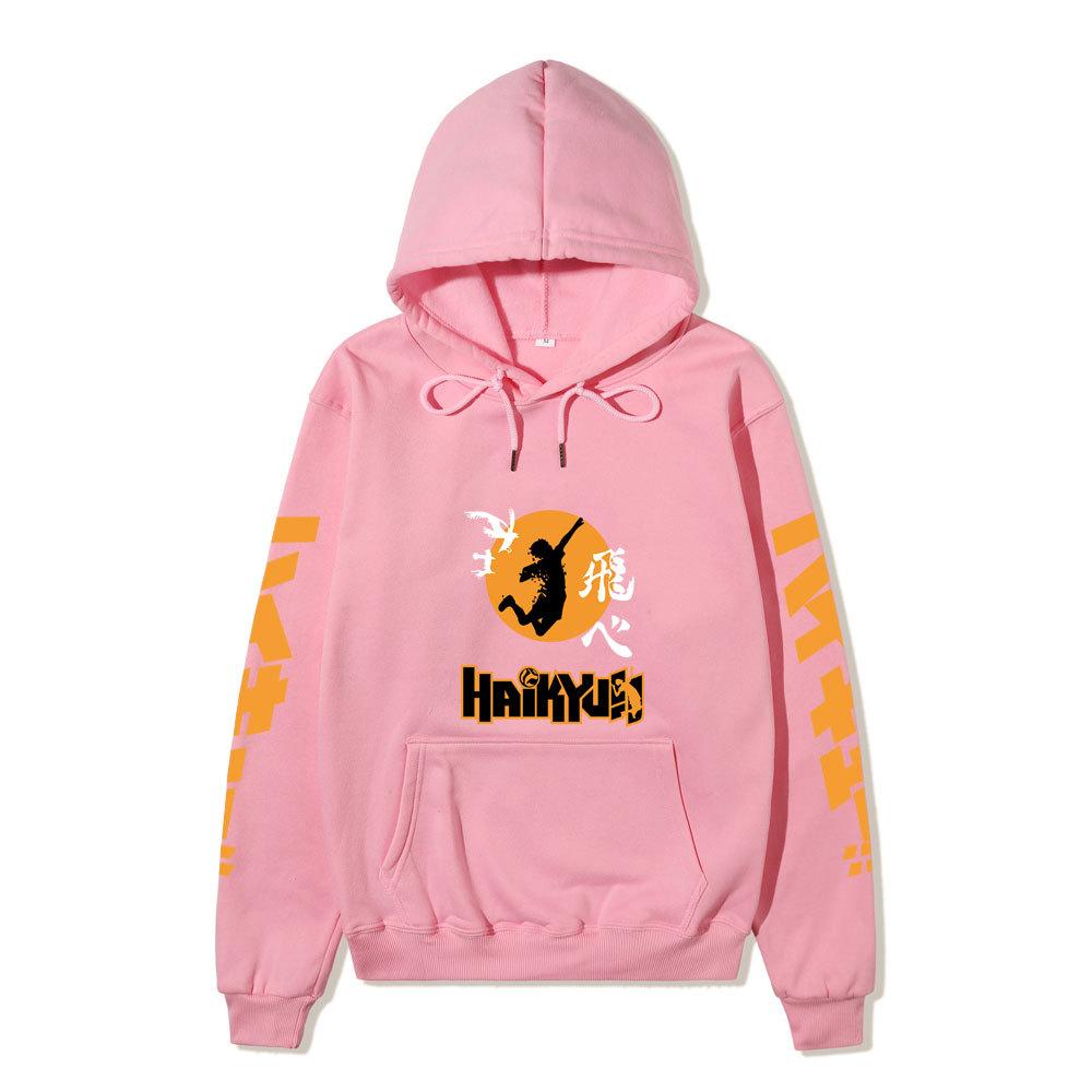 Haikyuu Fly High Jump Silhouette Unisex Fleece Hoodie Japanese Kanji Orange Vertical Sleeve Volleyball Anime Pullover Sweatshirt