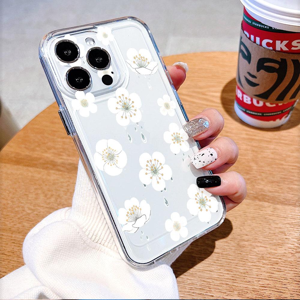 White Flowers with Dewdrops Lucency Phone Case for IPhone 14 15 16 13 12 11 17 Pro Max 12 13 Mini Soft Cover