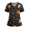 Women V Neck Printed Short Sleeve Scrub Top with Side Slits and Pockets Halloween Themed Comfortable Fit