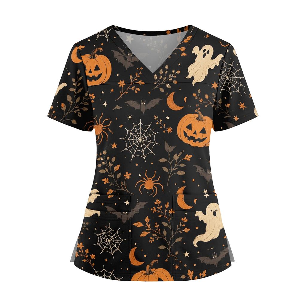 Women V Neck Printed Short Sleeve Scrub Top with Side Slits and Pockets Halloween Themed Comfortable Fit