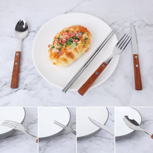 KXLCGYK 5-Piece Cutlery Set, 18-8 Stainless Steel with Wooden Handle, Spoon, Hollow Chopsticks, Fork, Knife, and Storage Bag, Portable for Camping, BB