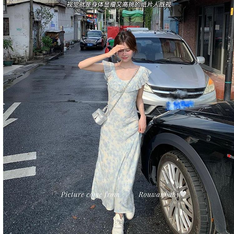 Monet Garden summer smudge romantic dress new temperament French long dress waist floral suspender skirt