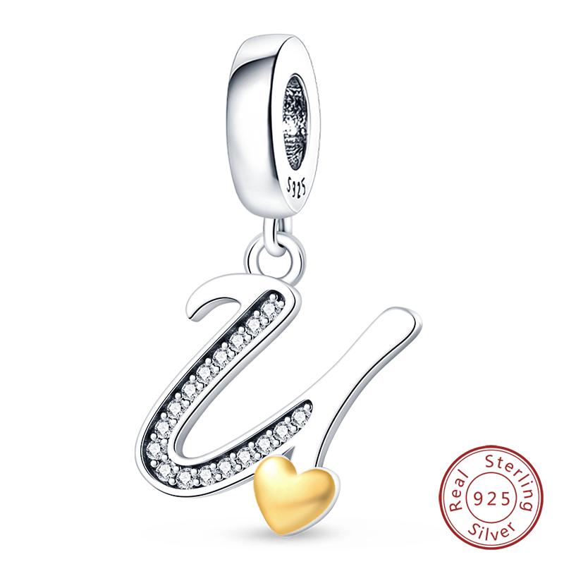 925 Silver Charm Beads Classic Gold Heart-Shaped 26 Letters Pendant For Bracelet DIY Charm Birthday Jewelry