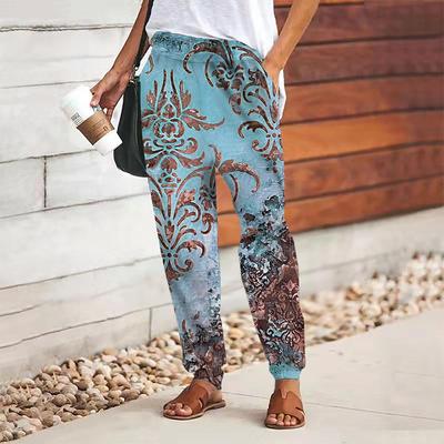 Women Retro Printing Pants Lace Up Elastic Waist Loose  Trousers Casual Long Pants Trousers with Pockets