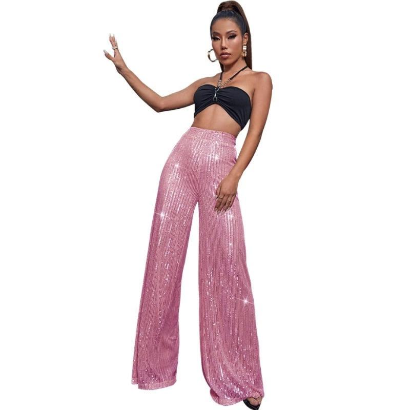 

Summer Women s High-waisted Fashion Casual Pants Sequined Loose Drape Wide-leg Pants XS рожевий