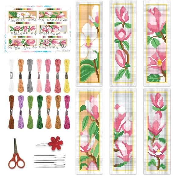 BEUNITONE 6 Pcs Flower Cross Stitch Bookmark Kit for Adults Beginner DIY Stamped Embroidery Bookmark Kit with Instructions Cute Stamped Embroidery магнолия